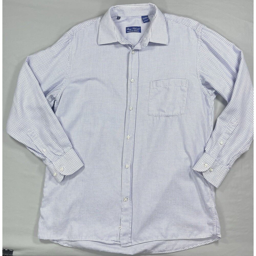 RENZO PALANDRI Men's Dress Shirt 16 32/33 Blue Micro-Check Long Sleeve ITALIAN